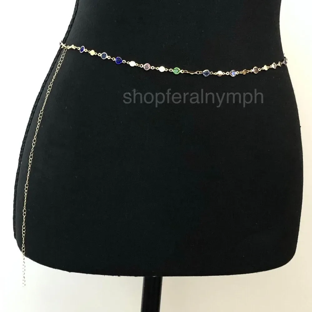 Y2K Cyber Multicolor Rhinestone Gold Chain Belt, Up to 37 Inches, X7GA1134